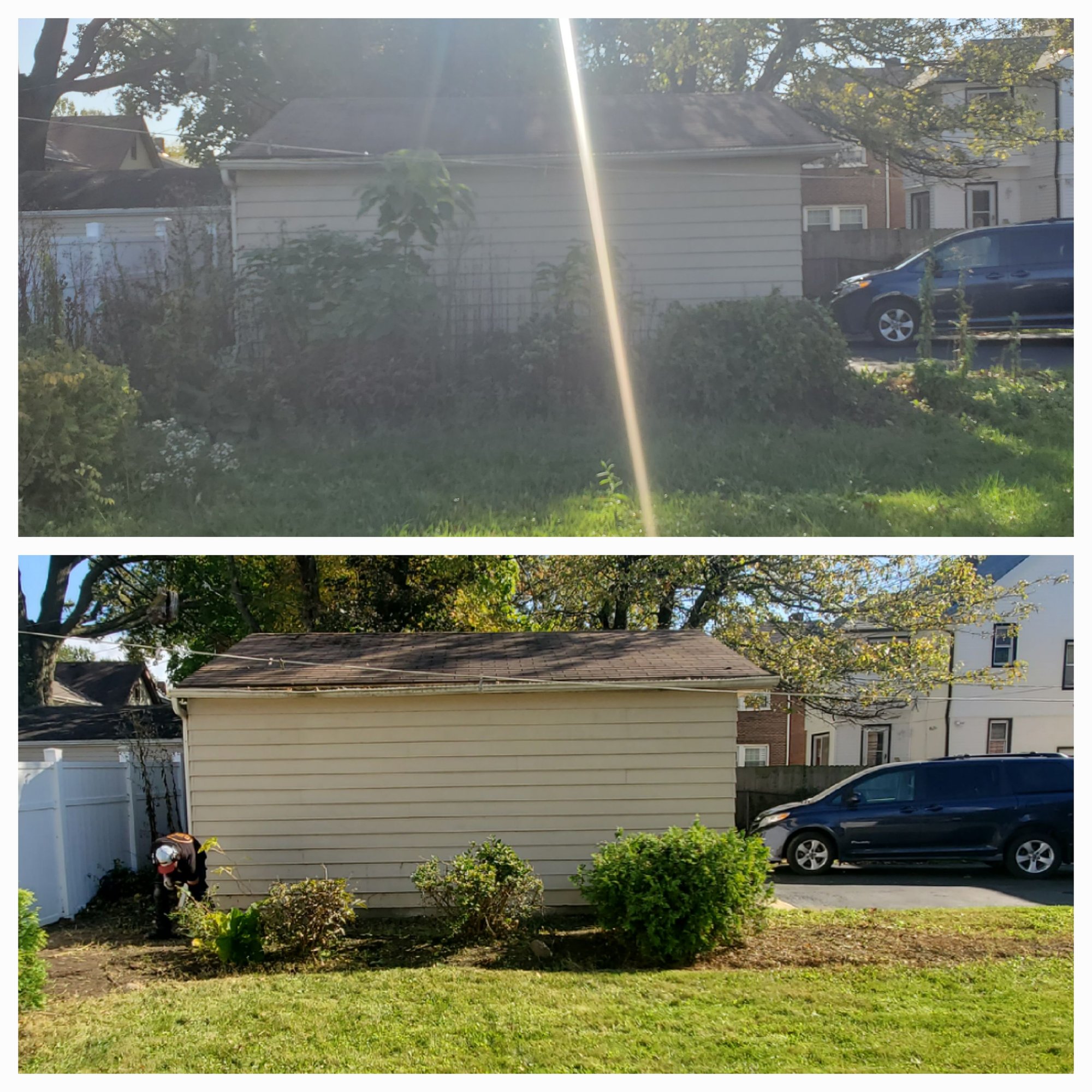 Before and After pictures of the side of a garage where a landscape bed has been weeding in Euclid, Oh, by Kevin J Services.