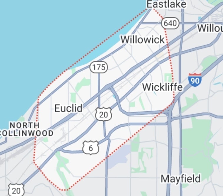 Service area map for Kevin J Services showing Euclid, Willowick, and Wickliffe, Ohio Service area map for Kevin J Services showing Euclid, Willowick, and Wickliffe, Ohio
